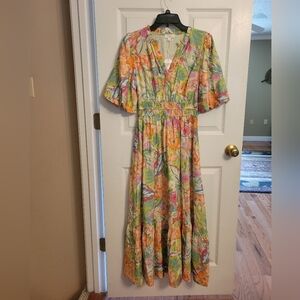 Floral V-Neck Maxi Dress in Green, Pink & Orange